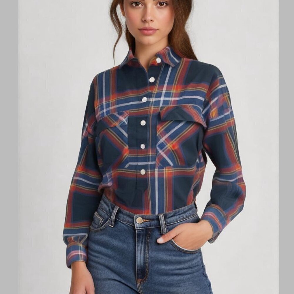 Old Navy Plaid Boyfriend Fit 1/2 Button Down Shirt - Women's Size XS